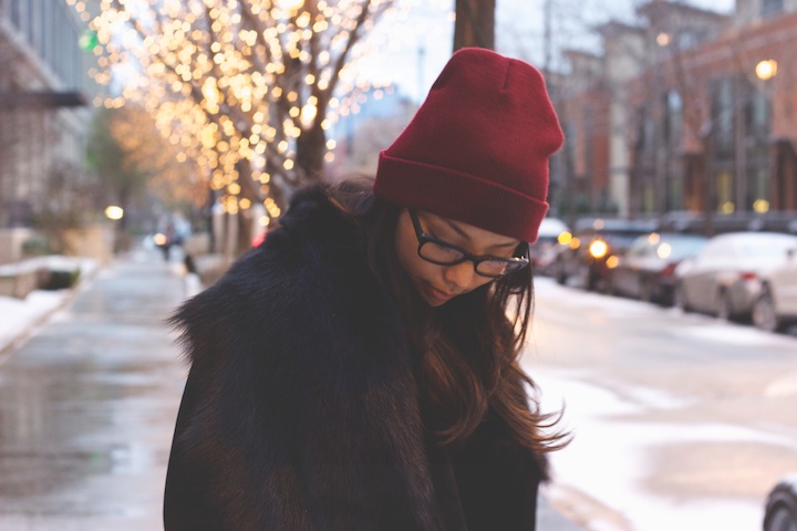 beanie, shearling coat, winter style