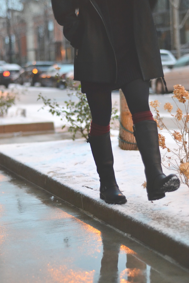 ariat boots, shearling coat, beanie