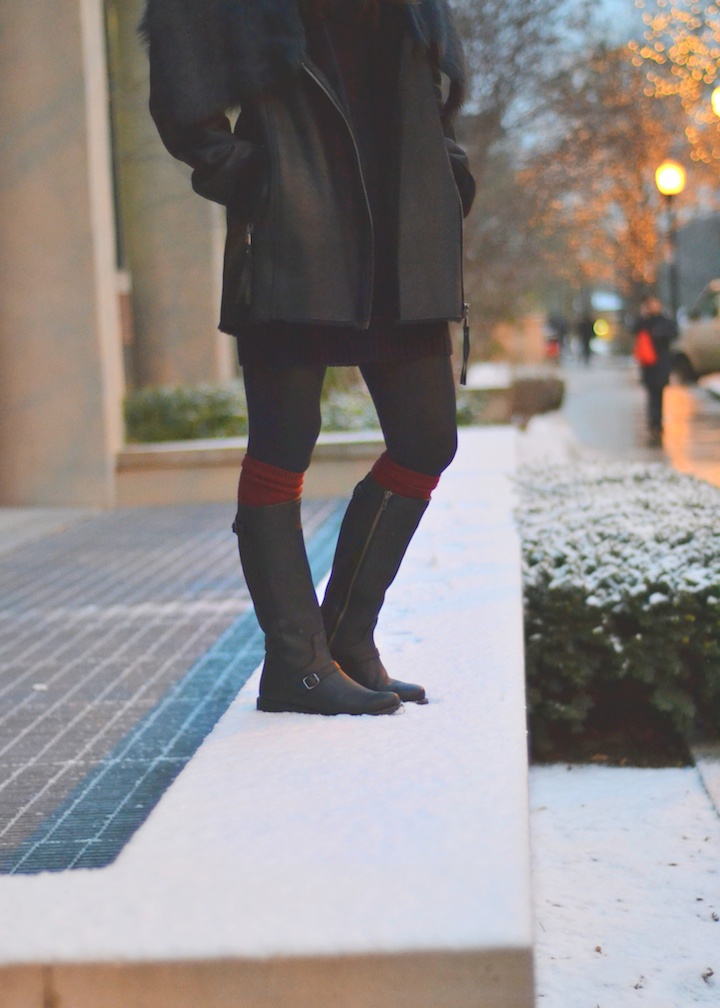 ariat boots, shearling coat, knee socks