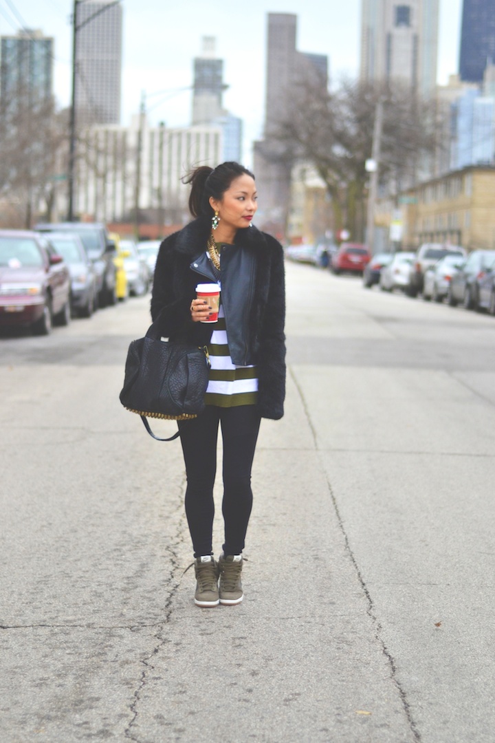 moto jacket, faux fur, nike dunks