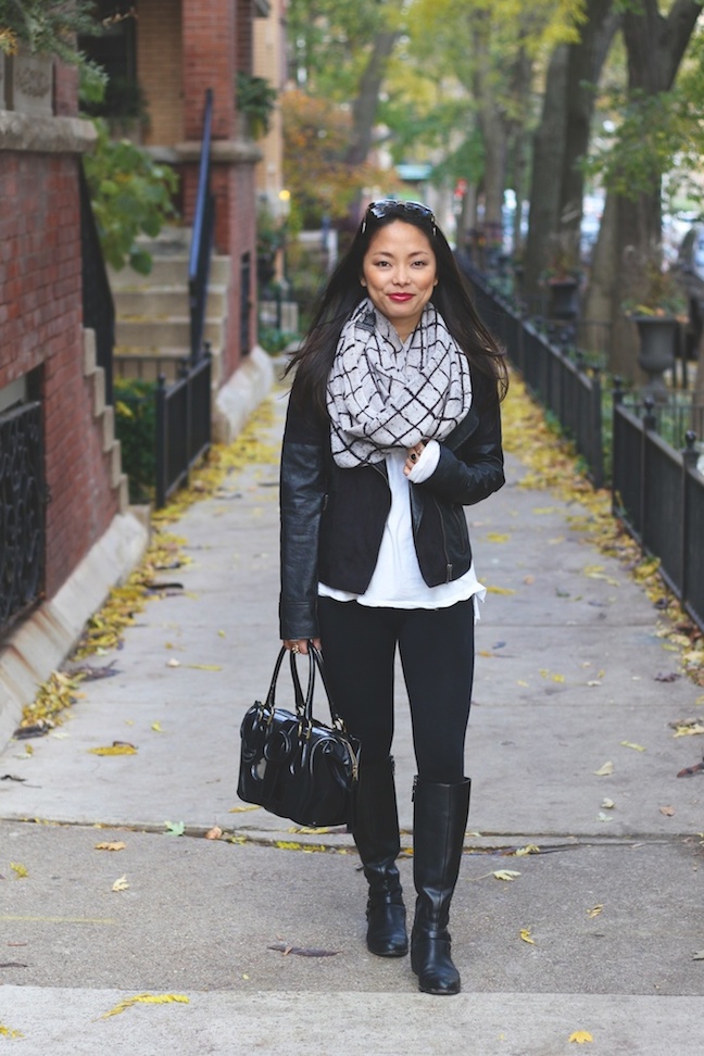 infinity scarf, leather jacket, Balenciaga, riding boots