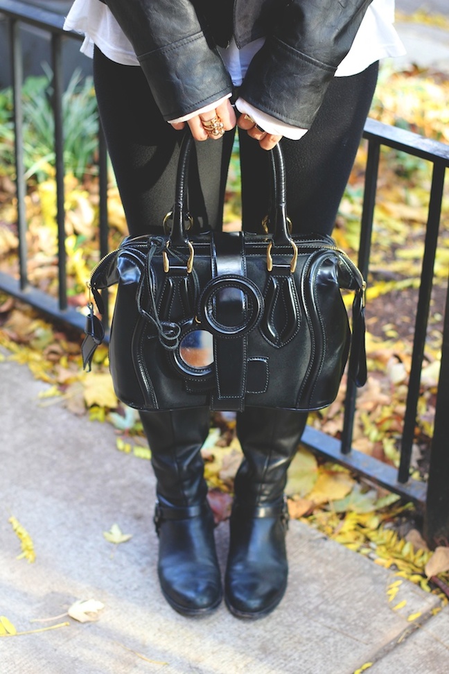 infinity scarf, leather jacket, Balenciaga, riding boots