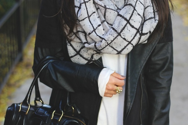 infinity scarf, leather jacket, Balenciaga, riding boots