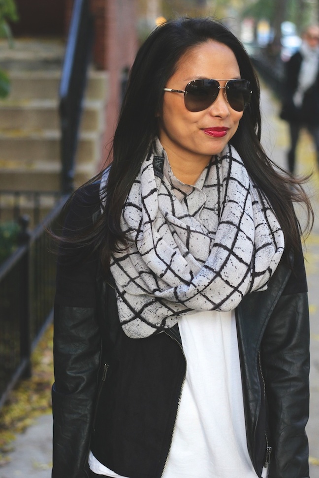 infinity scarf, leather jacket, aviators, Prada