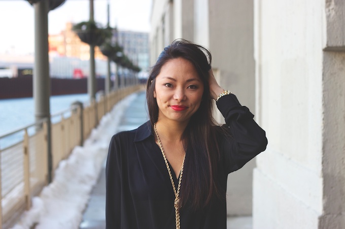 tassel necklace, Bauble Bar, black blouse, gold necklace