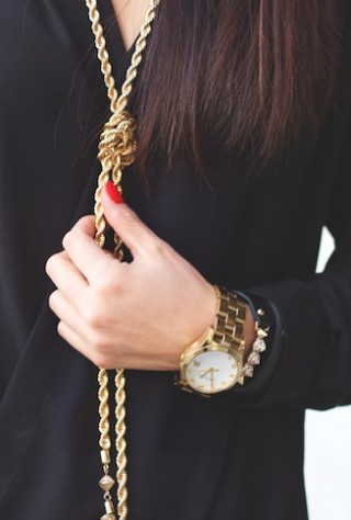 tassel necklace, Bauble Bar, Courtney Kerr, gold watch, black blouse