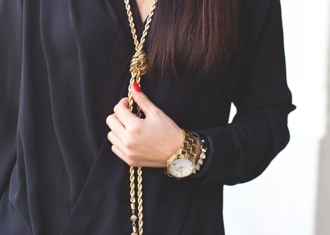 tassel necklace, Bauble Bar, Courtney Kerr, gold watch, black blouse
