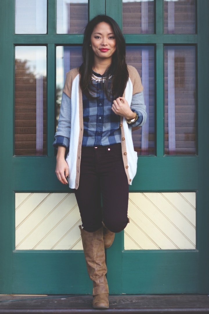 plaid shirt, boots, grandpa sweater