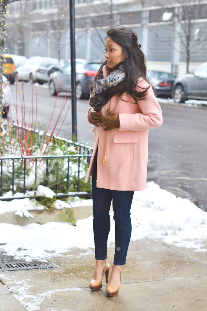 winter style, pink coat, faux fur