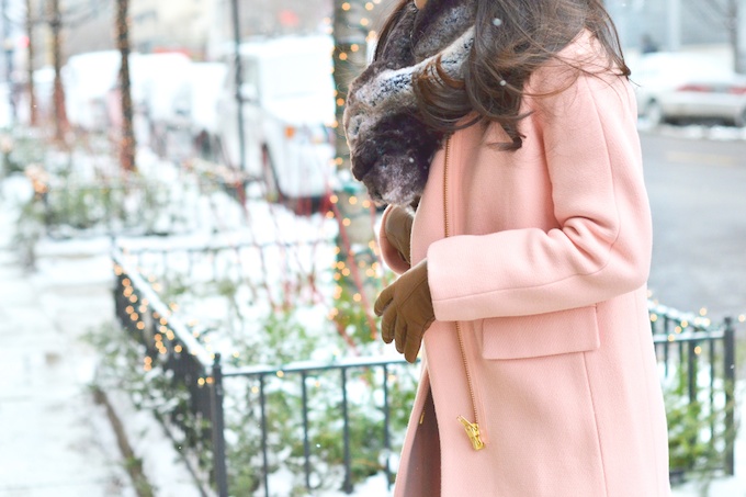 pink coat, winter style, faux fur collar