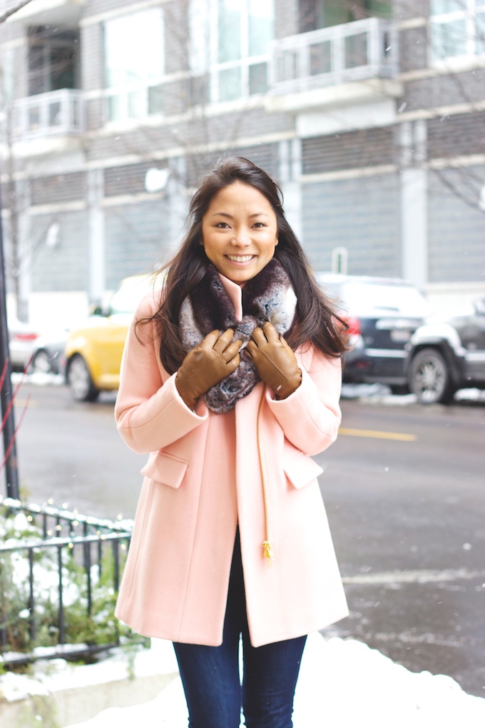 pink coat, faux fur collar, leather gloves