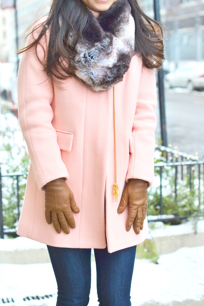pink coat, faux fur scarf, leather gloves
