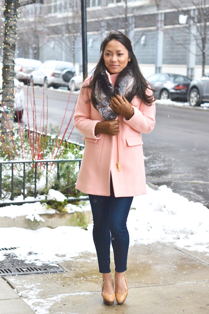 faux fur collar, pink coat