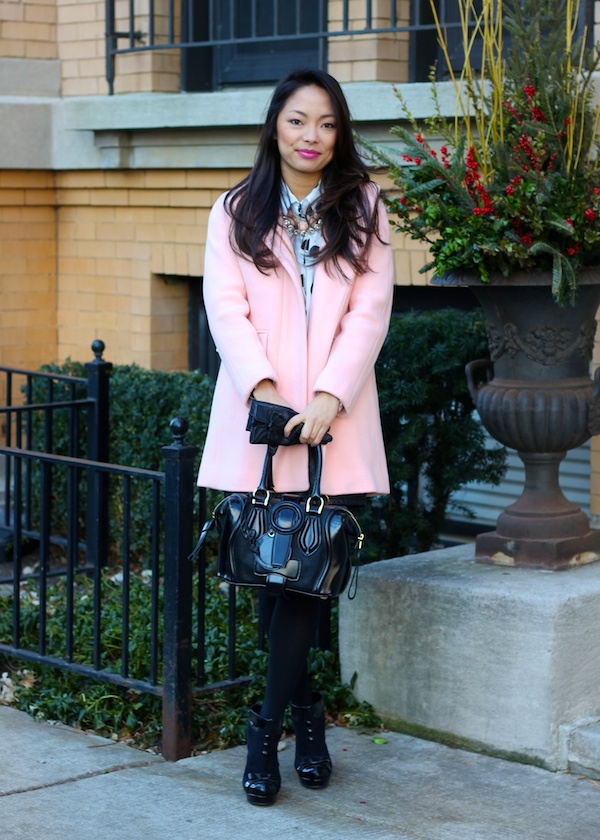 pink coat, j.crew stadium cloth coat, petite