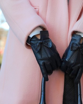 pink coat, bow gloves, ladylike style