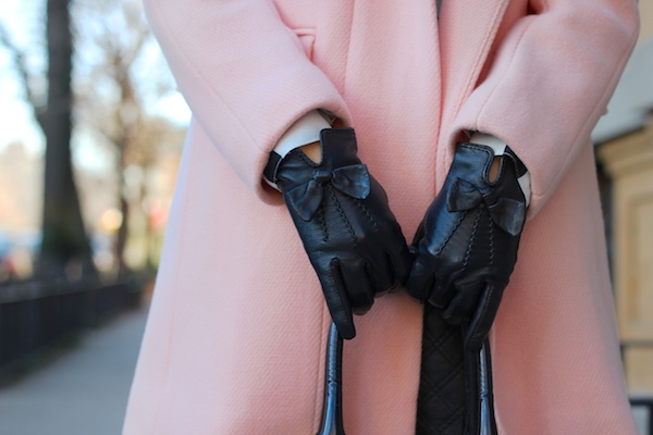 pink coat, bow gloves, ladylike style