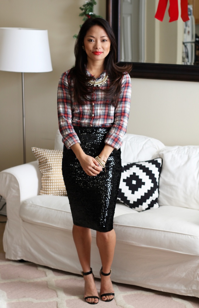 sequin skirt, tartan, holiday style