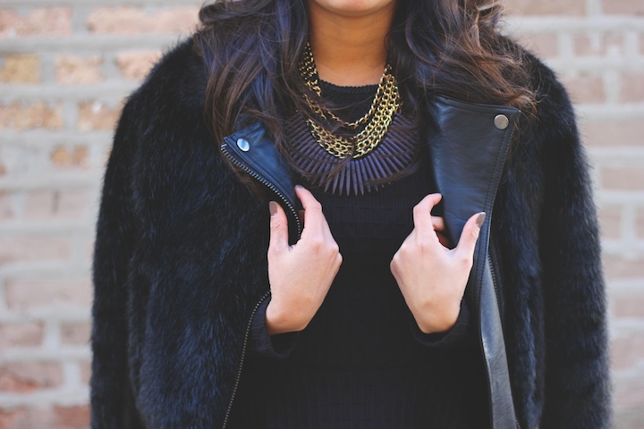 black peplum, statement necklace, faux fur