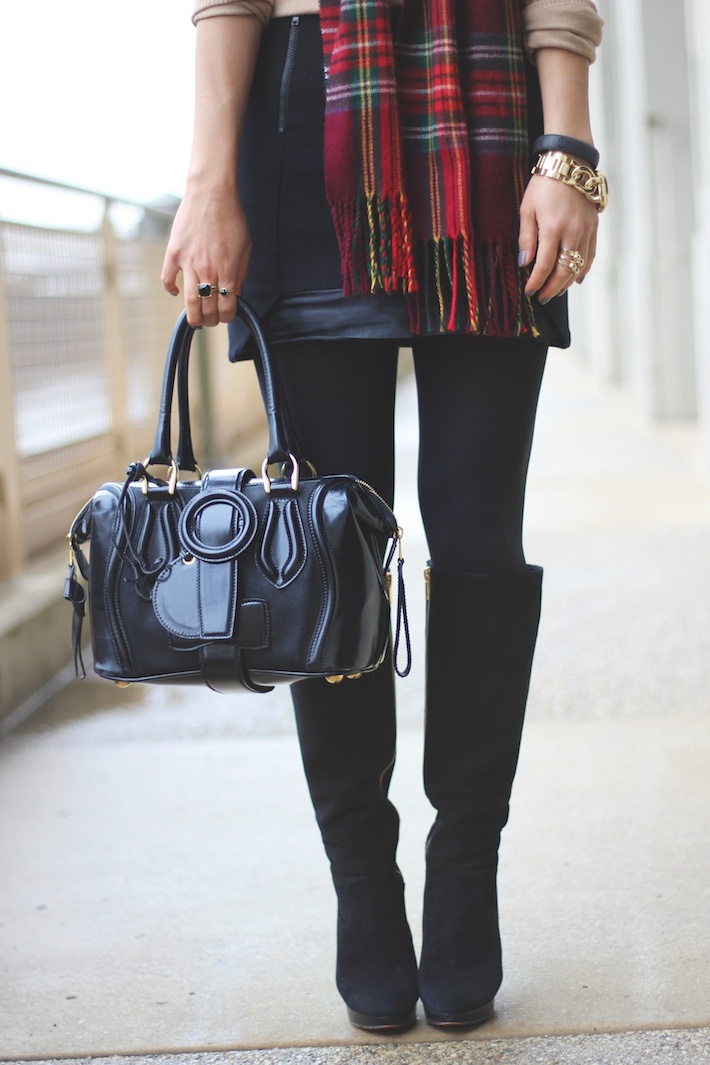 tartan scarf, black boots