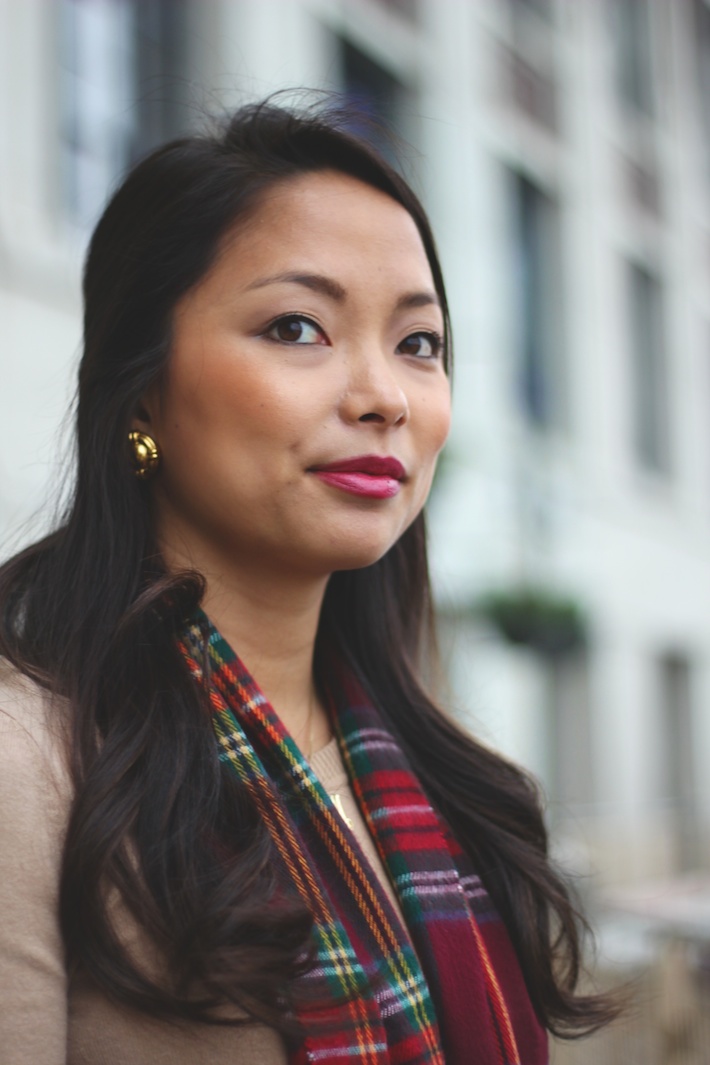 tartan, scarf, dark lipstick