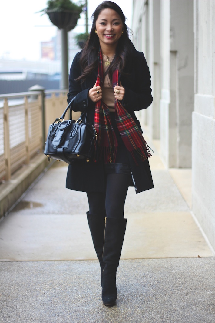 winter style, holiday, coat, tartan