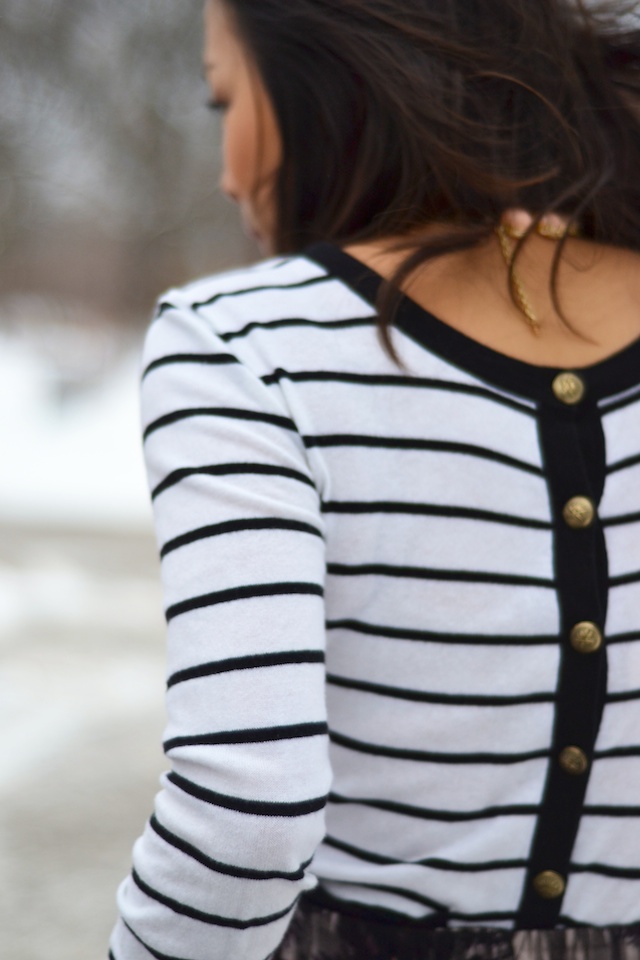 backwards sweater, gold buttons, stripes