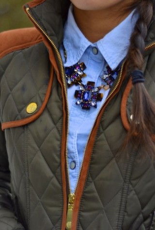 bauble bar, winter style, quilted jacket, necklace, tortoise