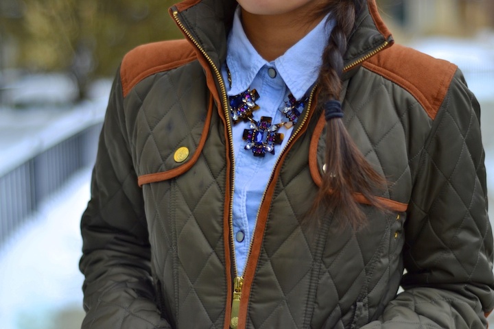 bauble bar, winter style, quilted jacket, necklace, tortoise