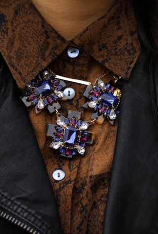 equipment blouse, leather vest, bauble bar tortoise necklace