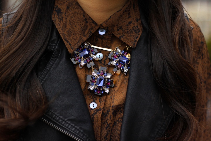 equipment blouse, leather vest, bauble bar tortoise necklace