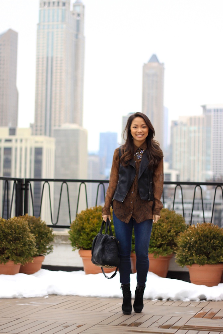 equipment blouse, leather vest, madewell jeans, street style