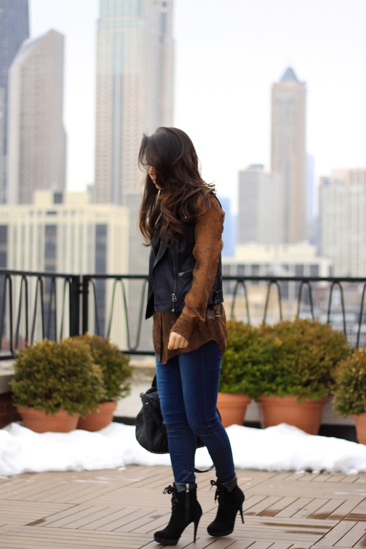 equipment blouse, leather vest, madewell jeans, street style, python