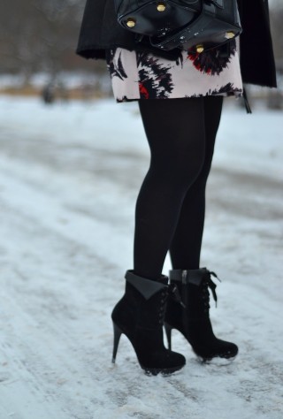 black booties, floral skirt and tights