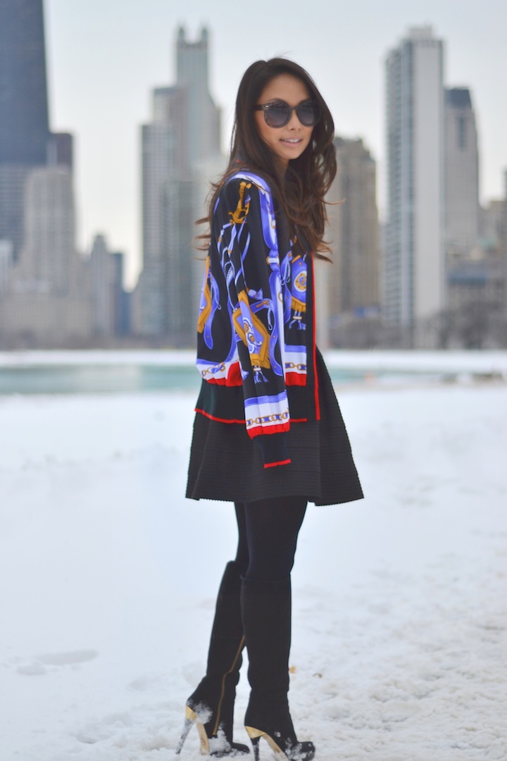 satin jacket, vintage, skater skirt, boots, snow, winterstyle