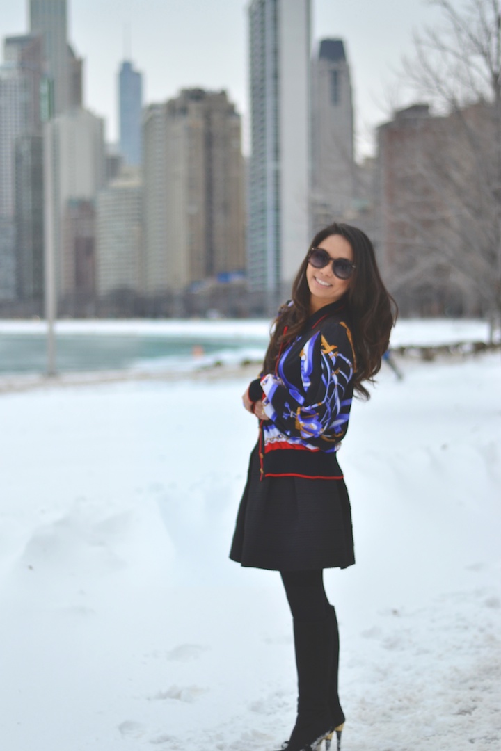 satin jacket, winterstyle, snow, skater skirt, boots