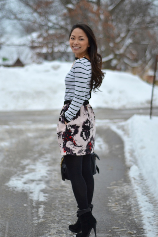 striped sweater, floral skirt, winter style