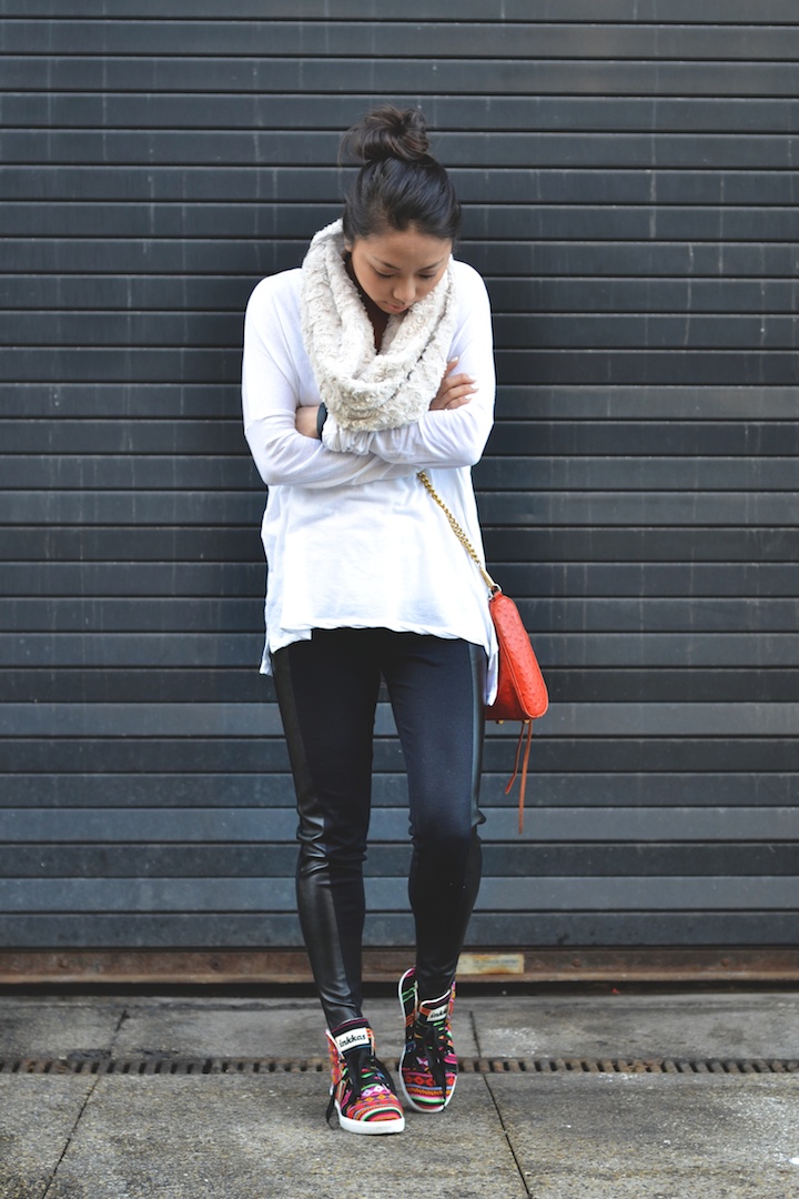 leather pants, James Perse, Anthropologie, infinity scarf, inkkas, sneaker style