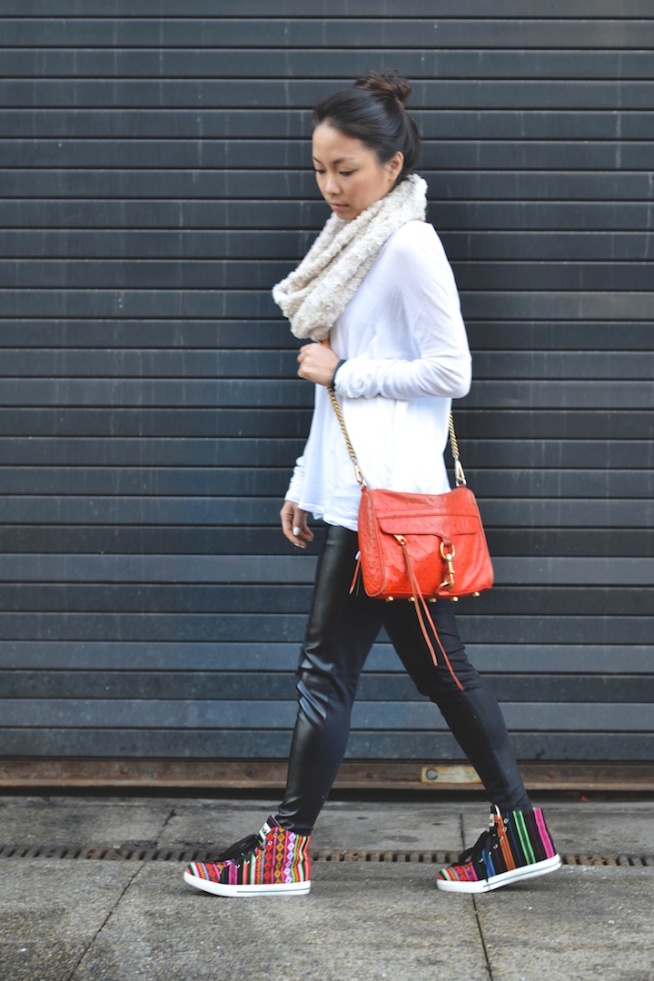 leather pants, James Perse, Rebecca Minkoff mac, infinity scarf, inkkas, sneaker style