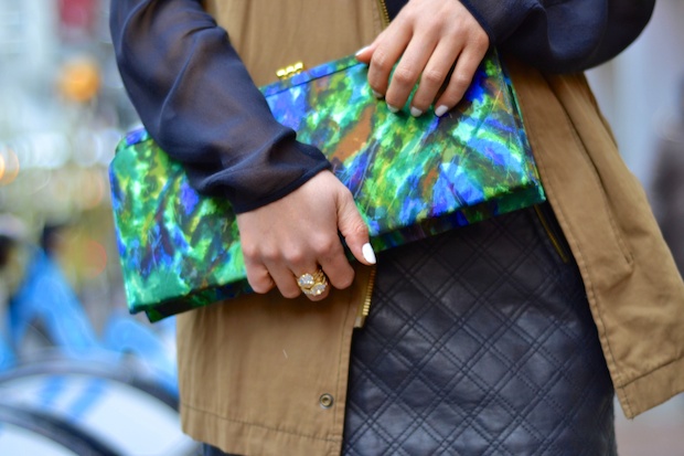vintage clutch, quilted leather skirt, street style