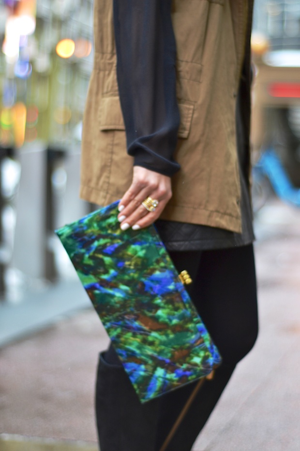 vintage multicolor clutch, army green vest