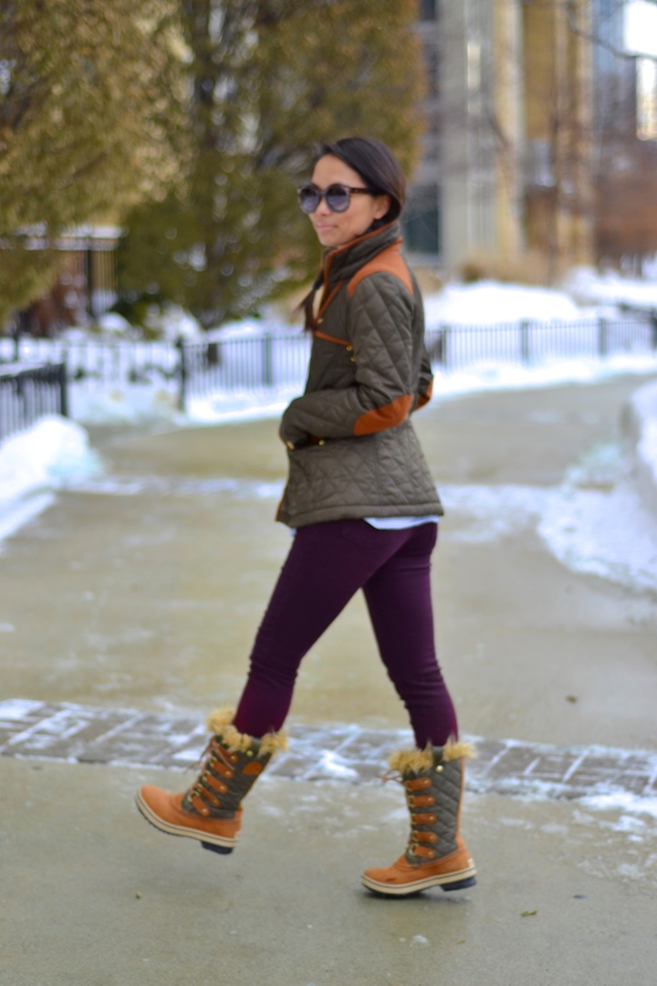 winter style, snow boots, sorel, quilted jacket, snow