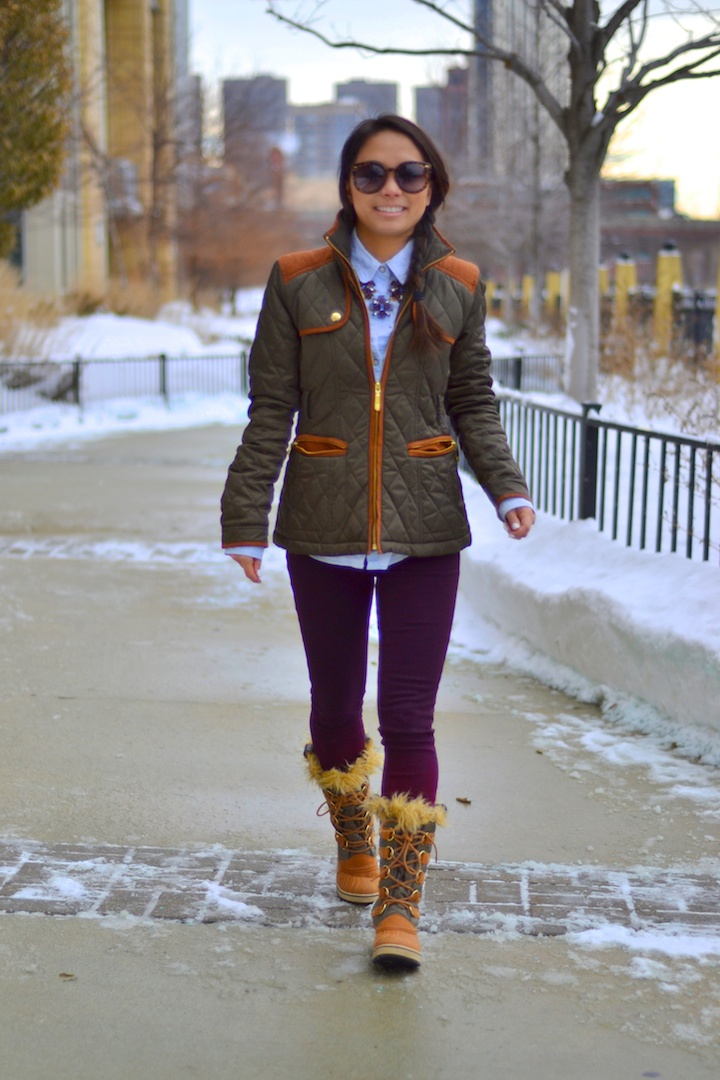 winter style, snow style, snow boots, quilted jacket, bauble bar tortoise necklace