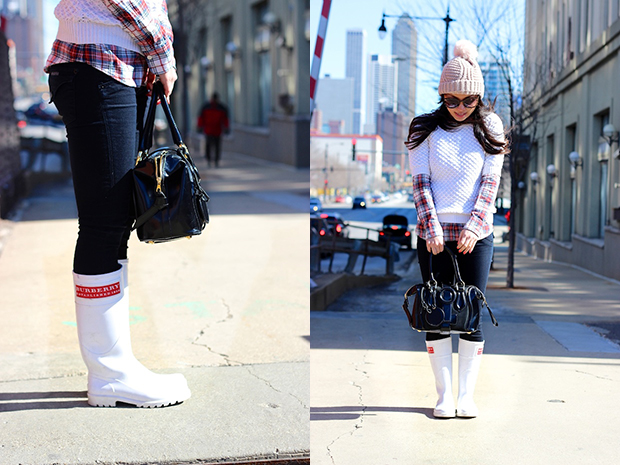 burberry rain boots, plaid, tartan, beanie, winter style