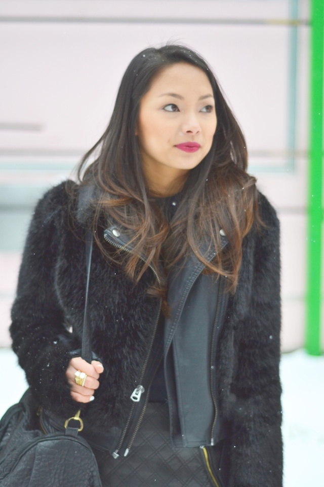 black faux fur coat, leather, winter style