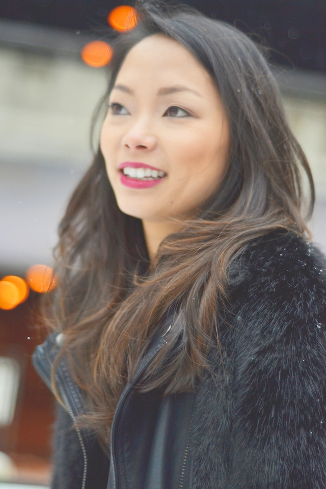 black faux fur coat, leather, winter style, bold lip