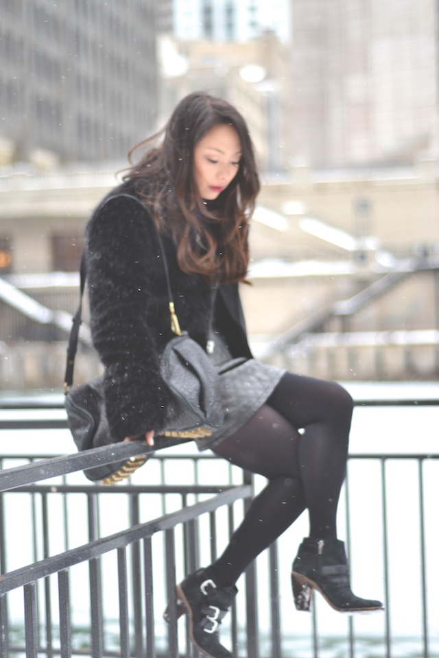 black faux fur coat, leather, winter style, alexander wang, dolce vita booties