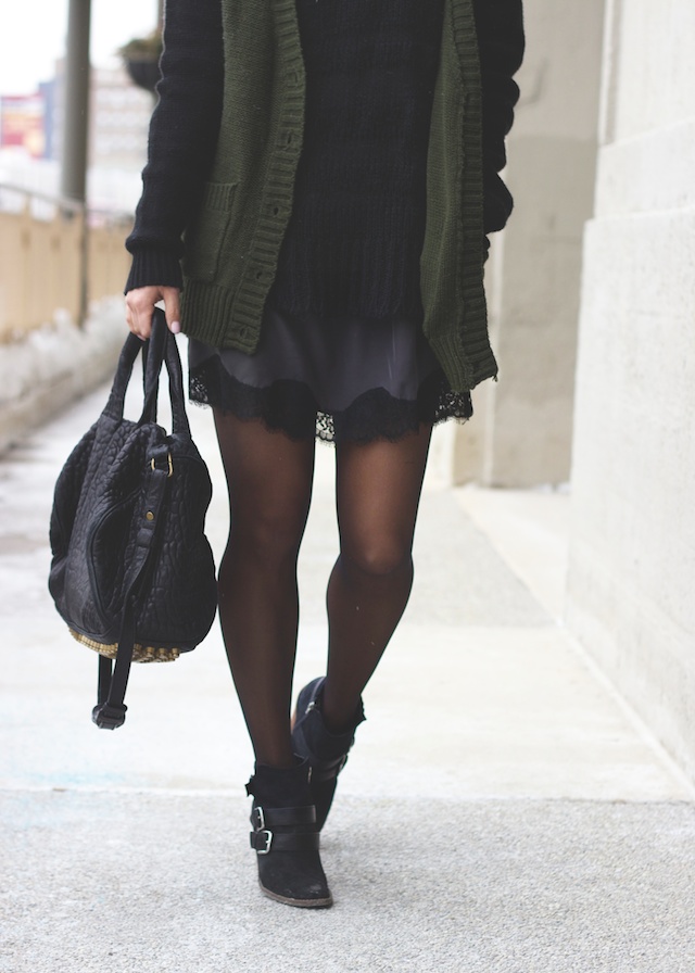 army green sweater, lace slip, booties, street style