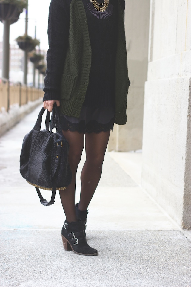 sweater, army green, lace trim, booties, street style