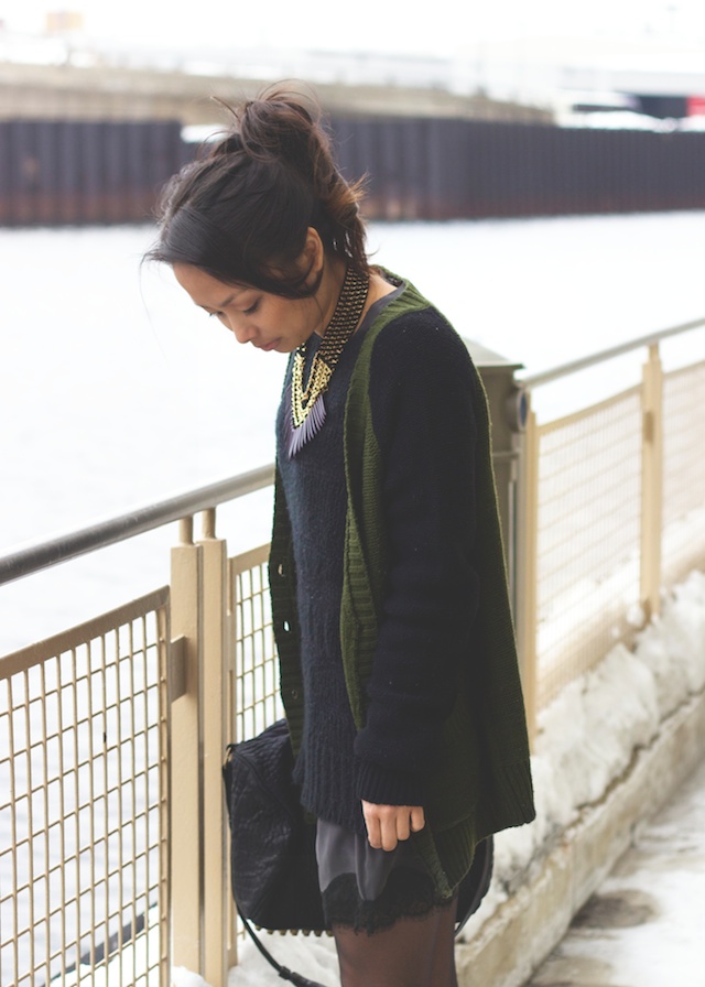 sweater, army green, lace trim, street style