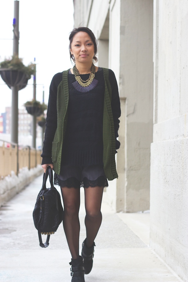 army green sweater, lace slip, booties, street style